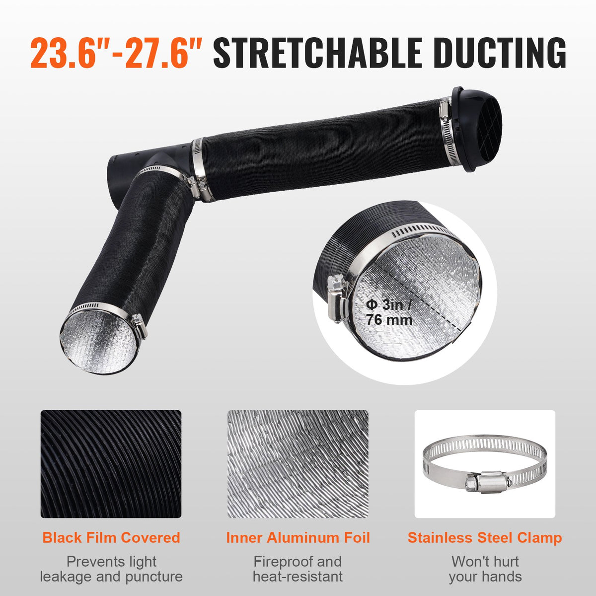 VEVOR Diesel Heater Pipe & Wiring Kit, 7.62 cm Extendable Air Hose, 2.54 cm Stainless Steel Exhaust Pipe, 2 Air Vents, T-Shaped Air Outlet Connector and Hose Clamps, Suitable for 2KW/5KW/8KW Heaters