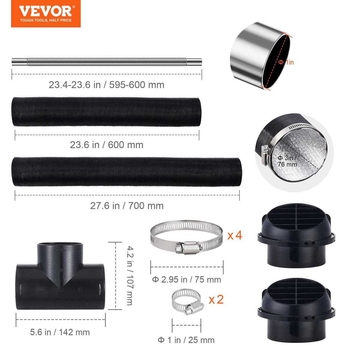 VEVOR Diesel Heater Pipe & Wiring Kit, 7.62 cm Extendable Air Hose, 2.54 cm Stainless Steel Exhaust Pipe, 2 Air Vents, T-Shaped Air Outlet Connector and Hose Clamps, Suitable for 2KW/5KW/8KW Heaters