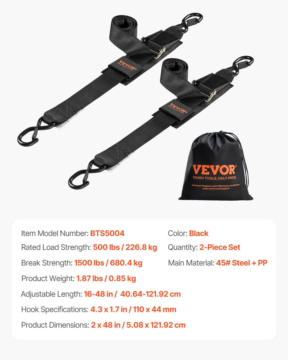 VEVOR Automatic Ratchet Tie-Down Straps, 5.08 cm x 1.22 m, with Safety Lock and S-Hooks, 2 Pack, 680 kg Breaking Strength, for Trailers, Vehicles and Boats
