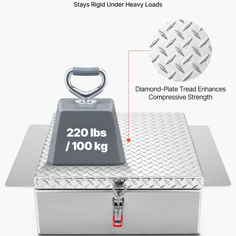 VEVOR kravas kastes instrumentu kaste, izturīga alumīnija instrumentu kaste ar rievotu (diamond plate) vāku, slodze līdz 100 kg, ar slēdzeni, piemērota pikapiem, kravas auto kastēm, kemperiem un piekabēm, 770 × 610 × 230 mm, sudraba krāsā.