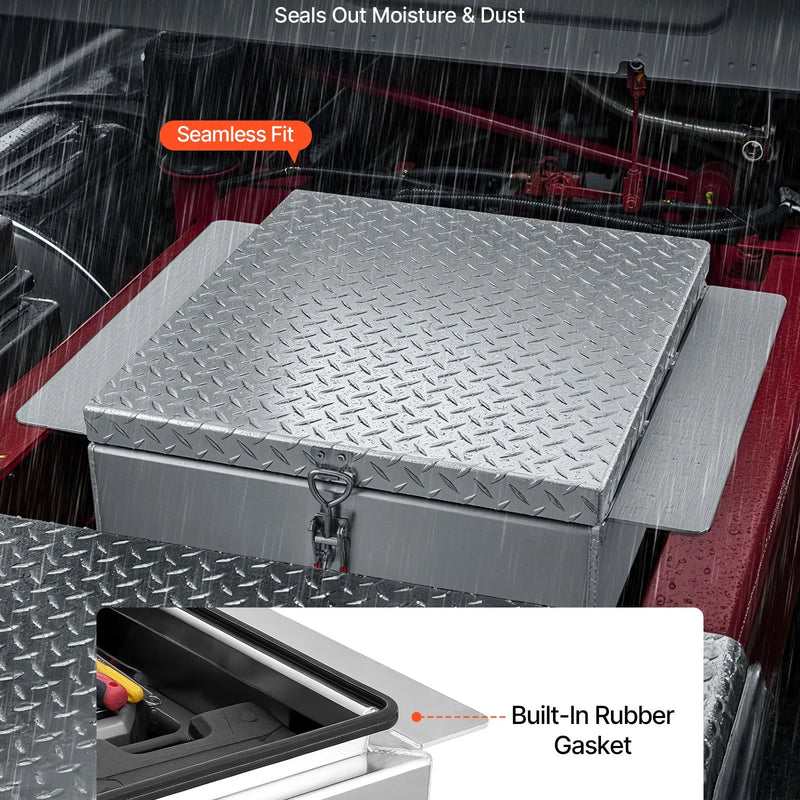 VEVOR kravas kastes instrumentu kaste, izturīga alumīnija instrumentu kaste ar rievotu (diamond plate) vāku, slodze līdz 100 kg, ar slēdzeni, piemērota pikapiem, kravas auto kastēm, kemperiem un piekabēm, 770 × 610 × 230 mm, sudraba krāsā.