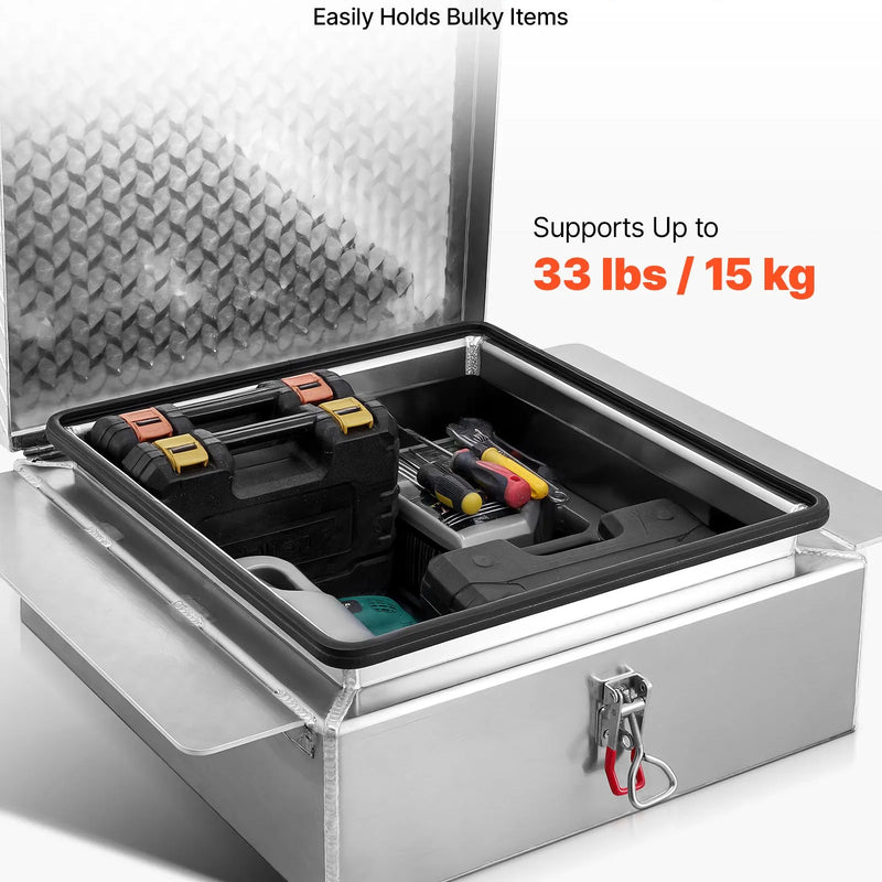 VEVOR kravas kastes instrumentu kaste, izturīga alumīnija instrumentu kaste ar rievotu (diamond plate) vāku, slodze līdz 100 kg, ar slēdzeni, piemērota pikapiem, kravas auto kastēm, kemperiem un piekabēm, 770 × 610 × 230 mm, sudraba krāsā.