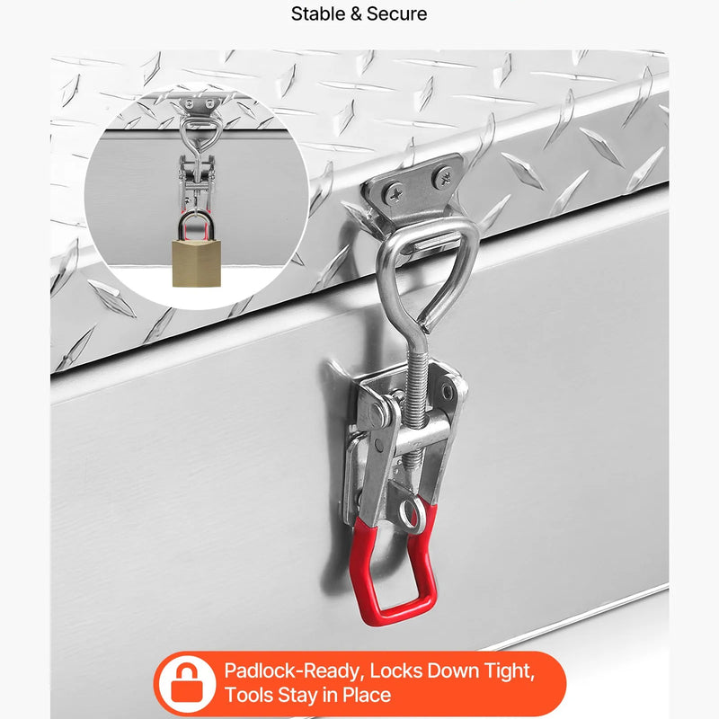 VEVOR kravas kastes instrumentu kaste, izturīga alumīnija instrumentu kaste ar rievotu (diamond plate) vāku, slodze līdz 100 kg, ar slēdzeni, piemērota pikapiem, kravas auto kastēm, kemperiem un piekabēm, 770 × 610 × 230 mm, sudraba krāsā.