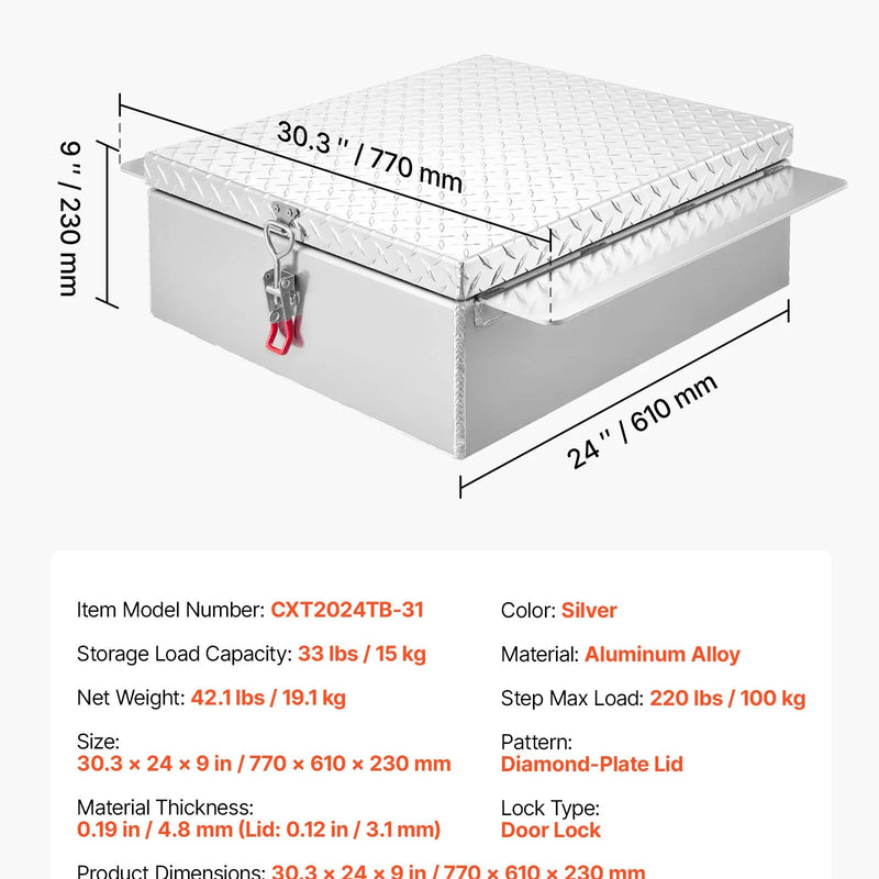VEVOR kravas kastes instrumentu kaste, izturīga alumīnija instrumentu kaste ar rievotu (diamond plate) vāku, slodze līdz 100 kg, ar slēdzeni, piemērota pikapiem, kravas auto kastēm, kemperiem un piekabēm, 770 × 610 × 230 mm, sudraba krāsā.