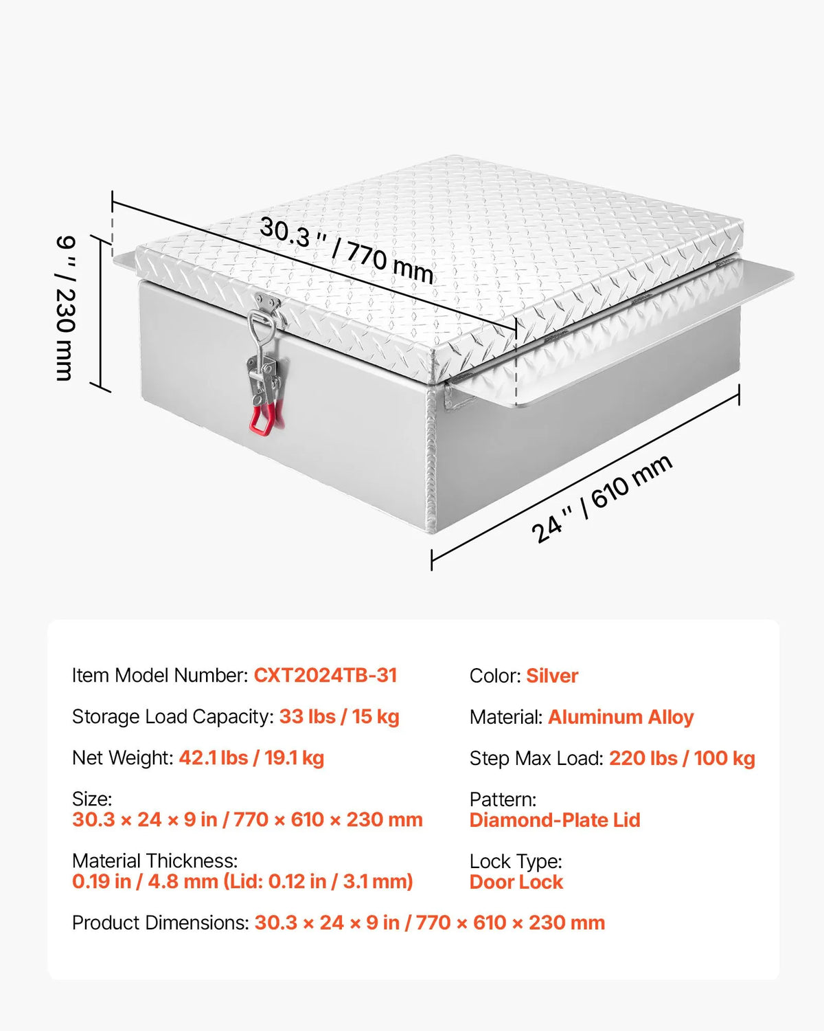 VEVOR Truck Bed Tool Box, Durable Aluminium Tool Box with Diamond Plate Lid, 100 kg Load Capacity, Lockable, Suitable for Pickups, Truck Beds, Campers and Trailers, 770 × 610 × 230 mm, Silver