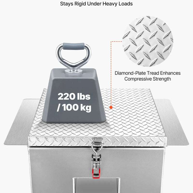 VEVOR kravas kastes instrumentu kaste, izturīga alumīnija instrumentu kaste ar rievotu (diamond plate) vāku, maksimālā slodze 100 kg, paredzēta pikapiem, kravas auto kastēm, kemperiem un piekabēm, 770 × 610 × 310 mm, sudraba krāsā