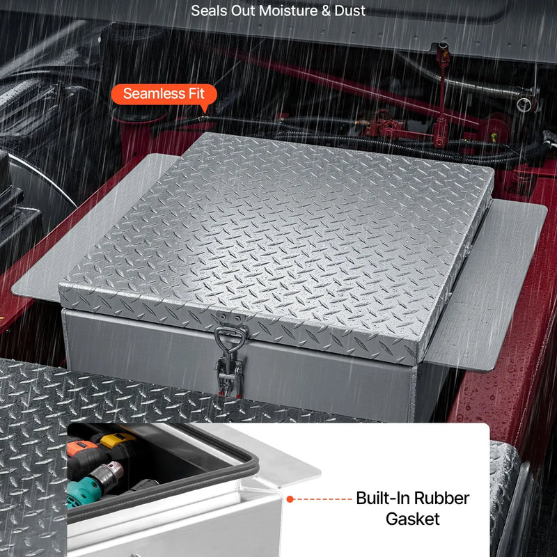 VEVOR kravas kastes instrumentu kaste, izturīga alumīnija instrumentu kaste ar rievotu (diamond plate) vāku, maksimālā slodze 100 kg, paredzēta pikapiem, kravas auto kastēm, kemperiem un piekabēm, 770 × 610 × 310 mm, sudraba krāsā