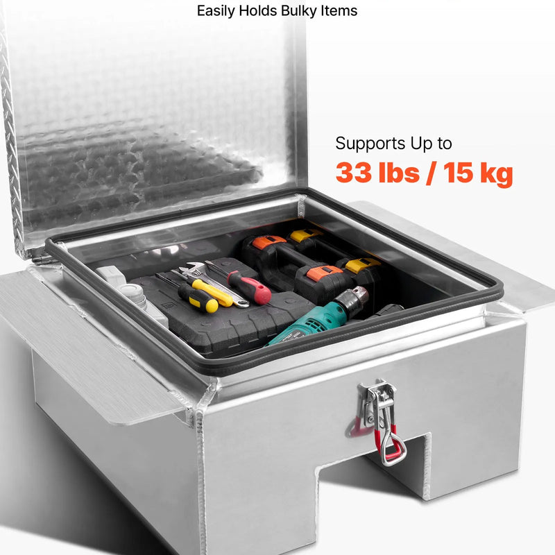 VEVOR kravas kastes instrumentu kaste, izturīga alumīnija instrumentu kaste ar rievotu (diamond plate) vāku, maksimālā slodze 100 kg, paredzēta pikapiem, kravas auto kastēm, kemperiem un piekabēm, 770 × 610 × 310 mm, sudraba krāsā