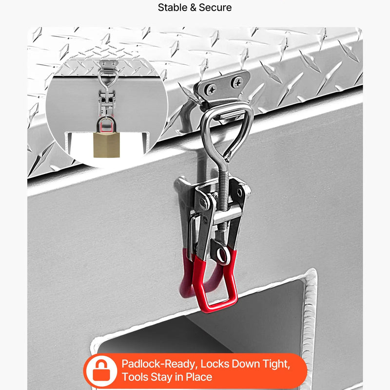 VEVOR kravas kastes instrumentu kaste, izturīga alumīnija instrumentu kaste ar rievotu (diamond plate) vāku, maksimālā slodze 100 kg, paredzēta pikapiem, kravas auto kastēm, kemperiem un piekabēm, 770 × 610 × 310 mm, sudraba krāsā