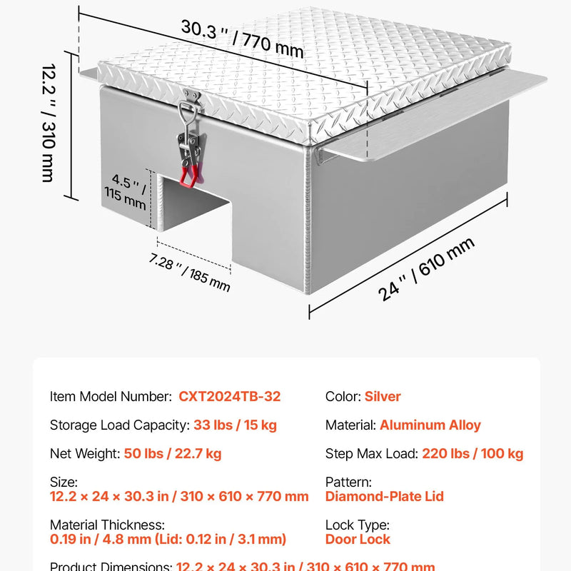 VEVOR kravas kastes instrumentu kaste, izturīga alumīnija instrumentu kaste ar rievotu (diamond plate) vāku, maksimālā slodze 100 kg, paredzēta pikapiem, kravas auto kastēm, kemperiem un piekabēm, 770 × 610 × 310 mm, sudraba krāsā