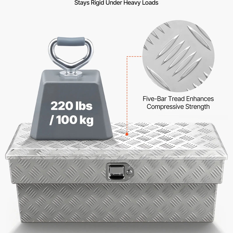 VEVOR kravas kastes instrumentu kaste, izturīga alumīnija instrumentu kaste ar rievotu rakstu, uzglabāšanas lāde ar slēdzeni un atslēgu, piemērota pikapiem, kravas auto kastēm, kemperiem un piekabēm, 864 × 305 × 390 mm, sudraba krāsā.