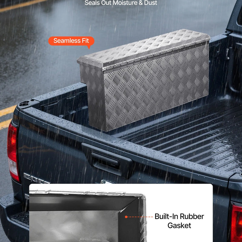 VEVOR kravas kastes instrumentu kaste, izturīga alumīnija instrumentu kaste ar rievotu rakstu, uzglabāšanas lāde ar slēdzeni un atslēgu, piemērota pikapiem, kravas auto kastēm, kemperiem un piekabēm, 864 × 305 × 390 mm, sudraba krāsā.