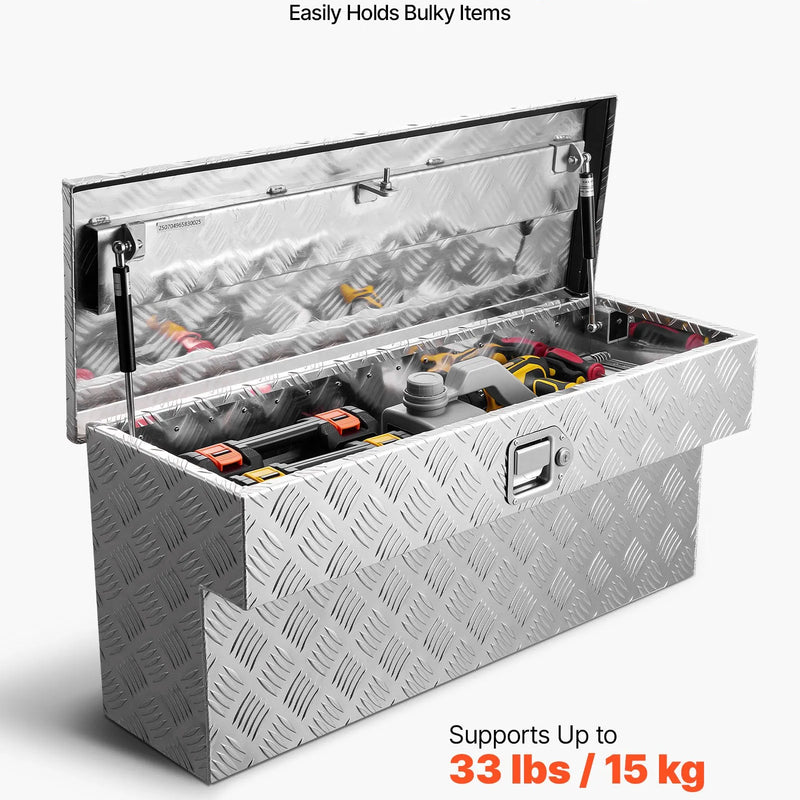 VEVOR kravas kastes instrumentu kaste, izturīga alumīnija instrumentu kaste ar rievotu rakstu, uzglabāšanas lāde ar slēdzeni un atslēgu, piemērota pikapiem, kravas auto kastēm, kemperiem un piekabēm, 864 × 305 × 390 mm, sudraba krāsā.