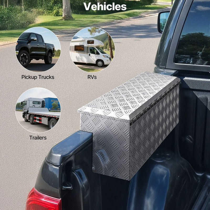 VEVOR kravas kastes instrumentu kaste, izturīga alumīnija instrumentu kaste ar rievotu rakstu, uzglabāšanas lāde ar slēdzeni un atslēgu, piemērota pikapiem, kravas auto kastēm, kemperiem un piekabēm, 864 × 305 × 390 mm, sudraba krāsā.