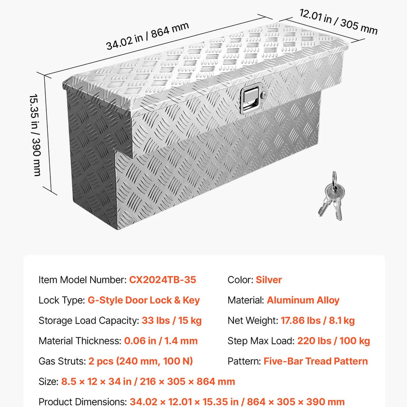 VEVOR kravas kastes instrumentu kaste, izturīga alumīnija instrumentu kaste ar rievotu rakstu, uzglabāšanas lāde ar slēdzeni un atslēgu, piemērota pikapiem, kravas auto kastēm, kemperiem un piekabēm, 864 × 305 × 390 mm, sudraba krāsā.
