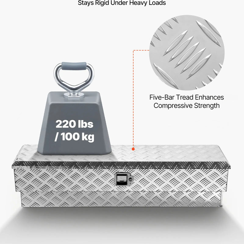 VEVOR alumīnija instrumentu kaste kravas nodalījumam, pastiprinātas konstrukcijas uzglabāšanas kaste ar reljefa rakstu, slēdzene ar atslēgām, paredzēta pikapiem, kravas automobiļiem, kemperiem un piekabēm, 1219 × 340 × 330 mm, sudraba krāsa