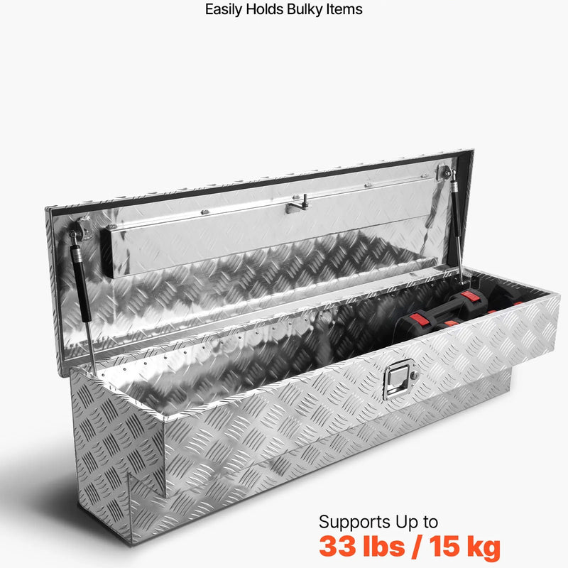 VEVOR alumīnija instrumentu kaste kravas nodalījumam, pastiprinātas konstrukcijas uzglabāšanas kaste ar reljefa rakstu, slēdzene ar atslēgām, paredzēta pikapiem, kravas automobiļiem, kemperiem un piekabēm, 1219 × 340 × 330 mm, sudraba krāsa