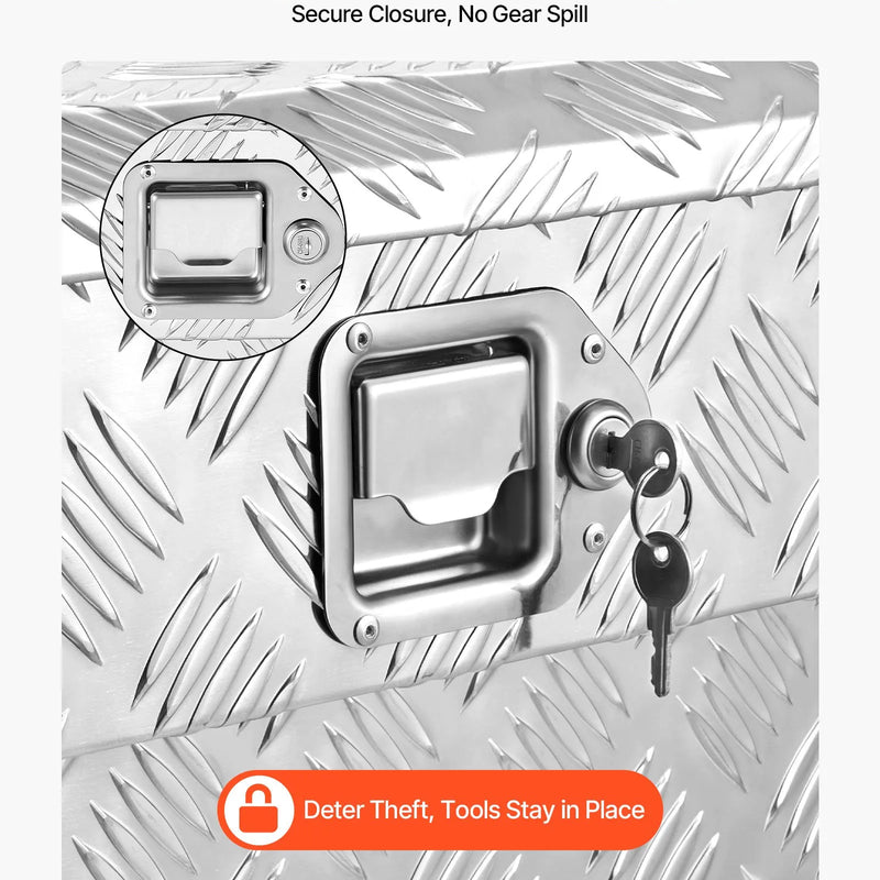 VEVOR alumīnija instrumentu kaste kravas nodalījumam, pastiprinātas konstrukcijas uzglabāšanas kaste ar reljefa rakstu, slēdzene ar atslēgām, paredzēta pikapiem, kravas automobiļiem, kemperiem un piekabēm, 1219 × 340 × 330 mm, sudraba krāsa