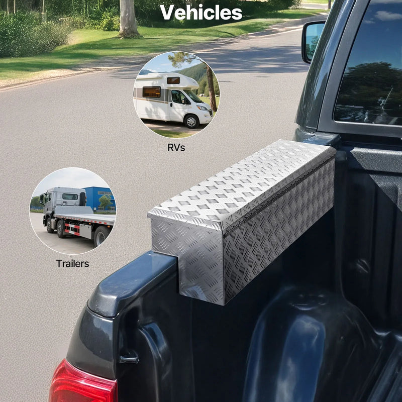 VEVOR alumīnija instrumentu kaste kravas nodalījumam, pastiprinātas konstrukcijas uzglabāšanas kaste ar reljefa rakstu, slēdzene ar atslēgām, paredzēta pikapiem, kravas automobiļiem, kemperiem un piekabēm, 1219 × 340 × 330 mm, sudraba krāsa