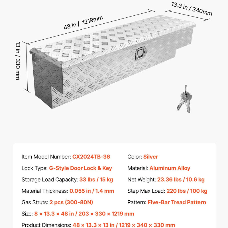 VEVOR alumīnija instrumentu kaste kravas nodalījumam, pastiprinātas konstrukcijas uzglabāšanas kaste ar reljefa rakstu, slēdzene ar atslēgām, paredzēta pikapiem, kravas automobiļiem, kemperiem un piekabēm, 1219 × 340 × 330 mm, sudraba krāsa