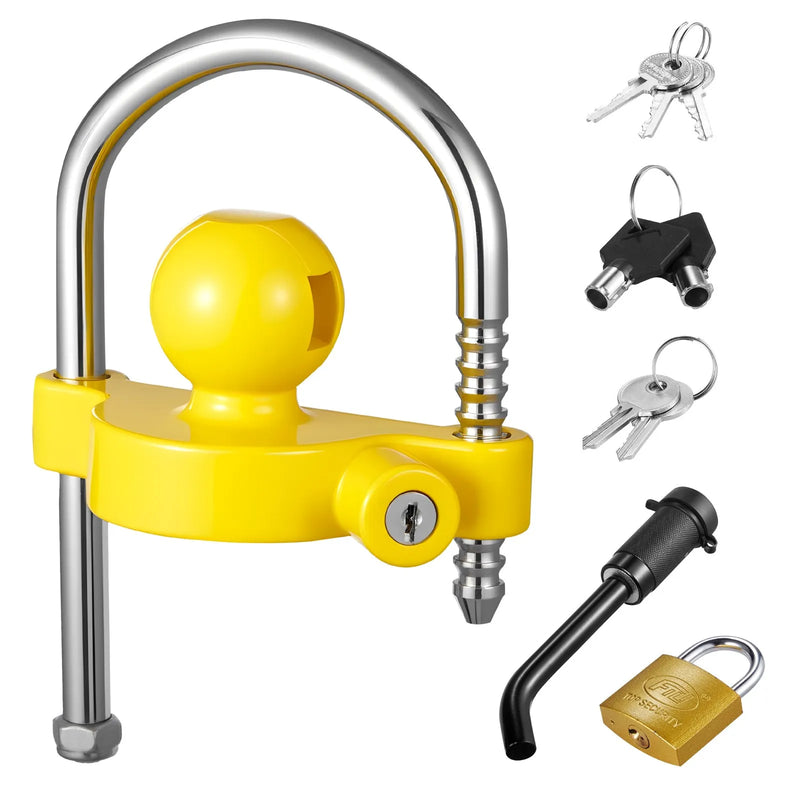 VEVOR piekabes sakabes slēdzeņu komplekts, piemērots 46 mm, 50,8 mm un 58,7 mm sakabēm, pastiprināta pretaizdzīšanas lodveida sakabes slēdzene ar atslēgām, regulējams augstums, aizsardzība pret uzlaušanu kemperiem, laivām un piekabēm