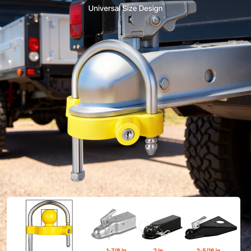 VEVOR piekabes sakabes slēdzeņu komplekts, piemērots 46 mm, 50,8 mm un 58,7 mm sakabēm, pastiprināta pretaizdzīšanas lodveida sakabes slēdzene ar atslēgām, regulējams augstums, aizsardzība pret uzlaušanu kemperiem, laivām un piekabēm