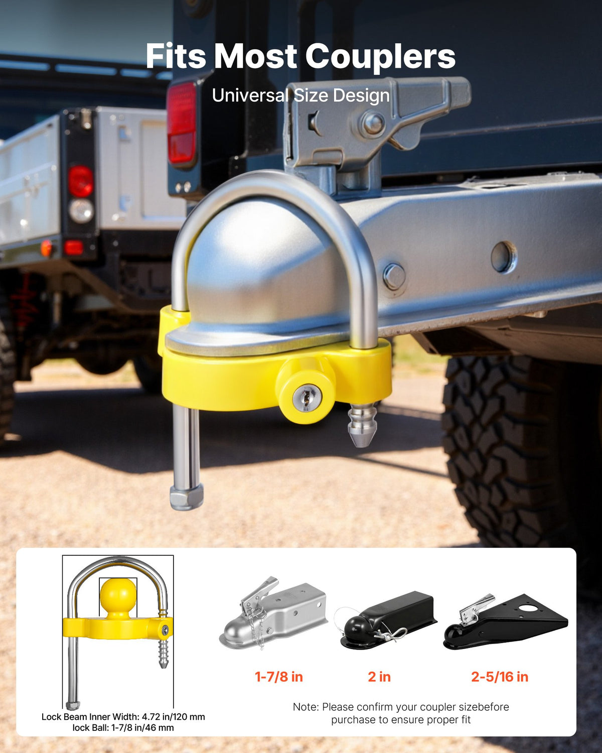 VEVOR Trailer Hitch Lock Set, Fits 46 mm, 50.8 mm and 58.7 mm Hitches, Reinforced Anti-Theft Ball Hitch Lock with Keys, Adjustable Height, Security for Caravans, Boats and Trailers
