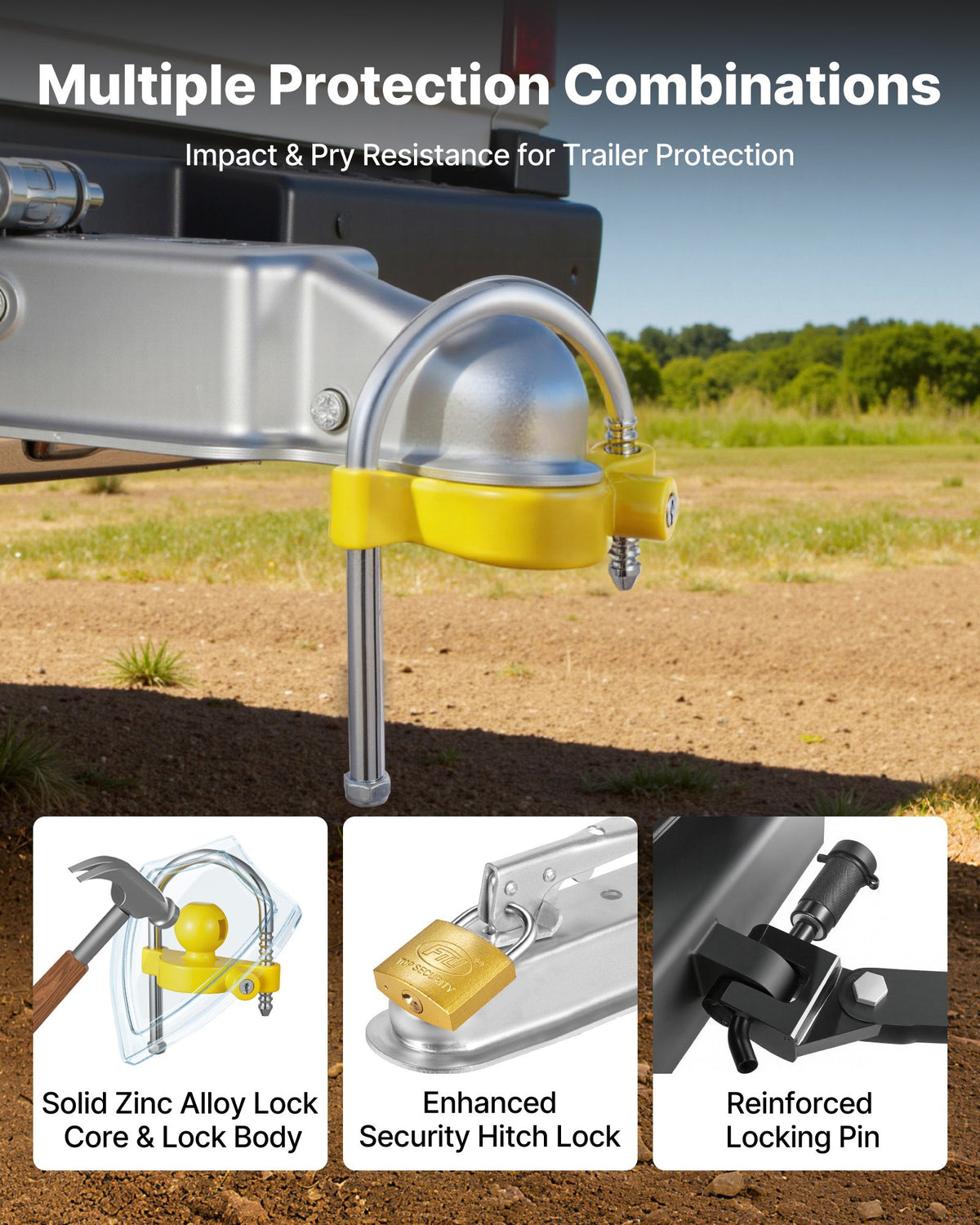 VEVOR Trailer Hitch Lock Set, Fits 46 mm, 50.8 mm and 58.7 mm Hitches, Reinforced Anti-Theft Ball Hitch Lock with Keys, Adjustable Height, Security for Caravans, Boats and Trailers