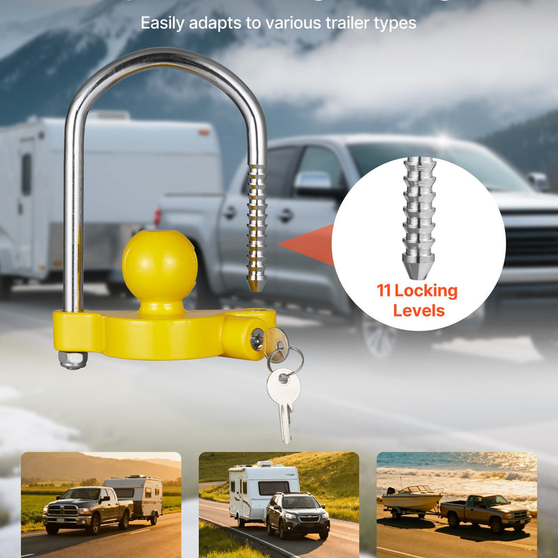 VEVOR piekabes sakabes slēdzeņu komplekts, piemērots 46 mm, 50,8 mm un 58,7 mm sakabēm, pastiprināta pretaizdzīšanas lodveida sakabes slēdzene ar atslēgām, regulējams augstums, aizsardzība pret uzlaušanu kemperiem, laivām un piekabēm