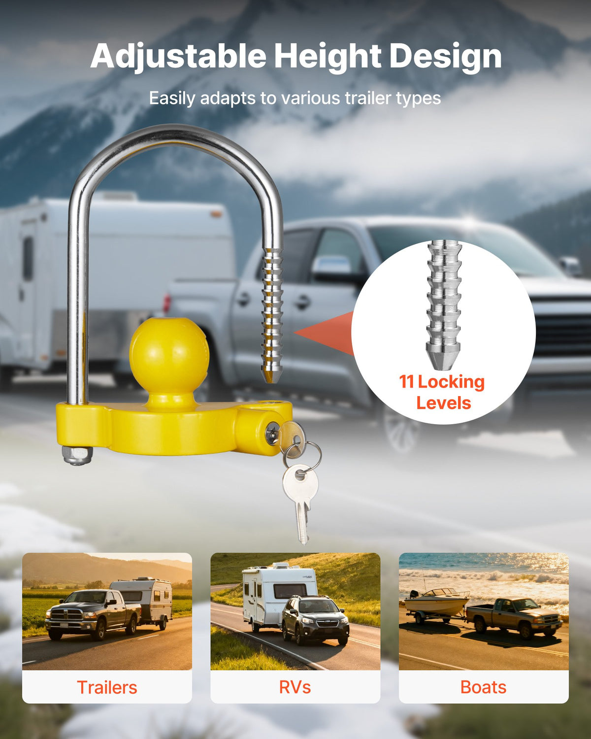VEVOR Trailer Hitch Lock Set, Fits 46 mm, 50.8 mm and 58.7 mm Hitches, Reinforced Anti-Theft Ball Hitch Lock with Keys, Adjustable Height, Security for Caravans, Boats and Trailers