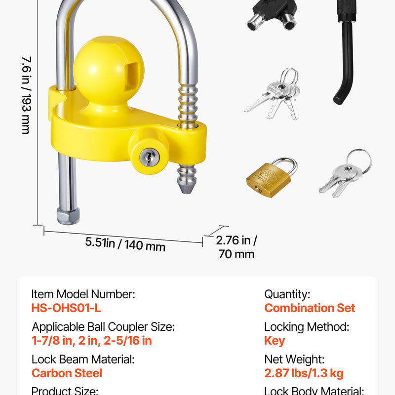 VEVOR piekabes sakabes slēdzeņu komplekts, piemērots 46 mm, 50,8 mm un 58,7 mm sakabēm, pastiprināta pretaizdzīšanas lodveida sakabes slēdzene ar atslēgām, regulējams augstums, aizsardzība pret uzlaušanu kemperiem, laivām un piekabēm