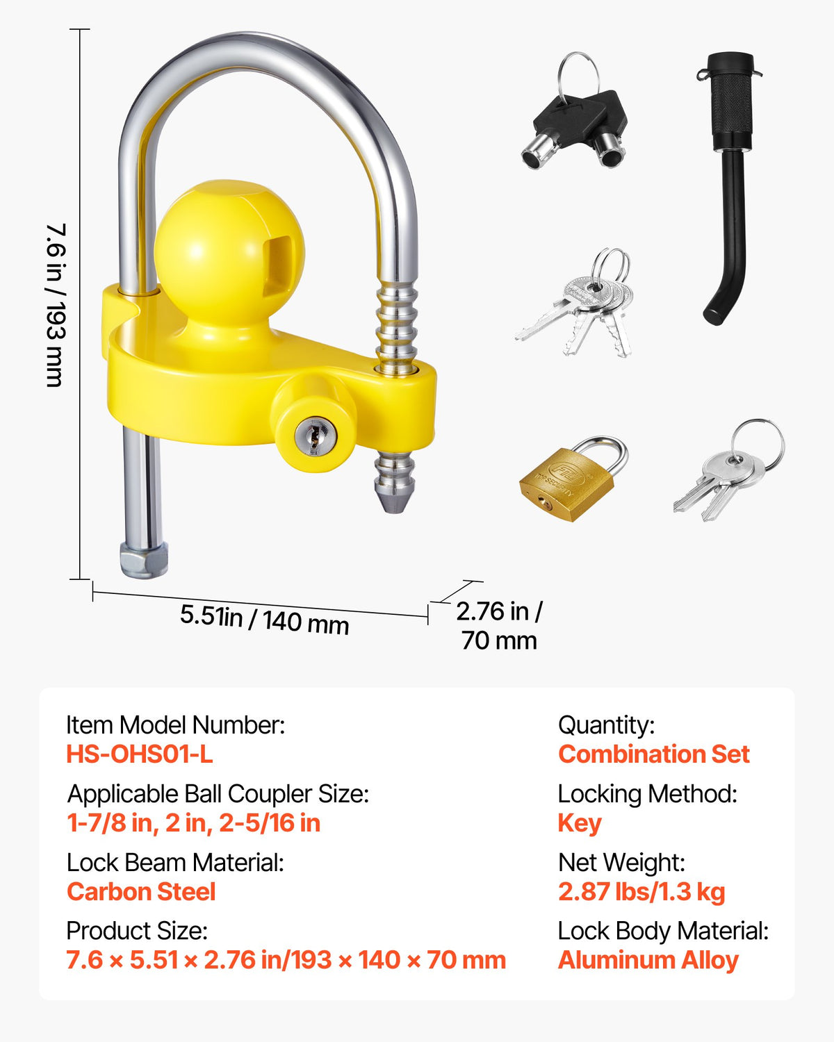 VEVOR Trailer Hitch Lock Set, Fits 46 mm, 50.8 mm and 58.7 mm Hitches, Reinforced Anti-Theft Ball Hitch Lock with Keys, Adjustable Height, Security for Caravans, Boats and Trailers