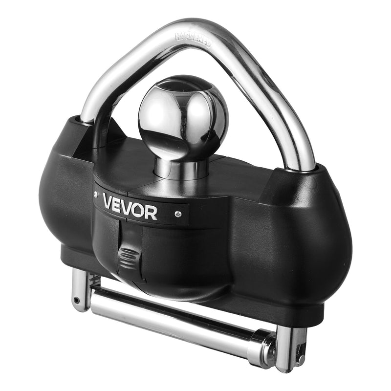 VEVOR piekabes sakabes slēdzene, piemērota 46 mm, 50,8 mm un 58,7 mm sakabēm, izturīga pret zādzību lodveida sakabes bloķētājs ar 3 atslēgām, noturīgs pret uzlaušanu, regulējama augstuma dizains kemperiem, laivām un piekabēm, melna.