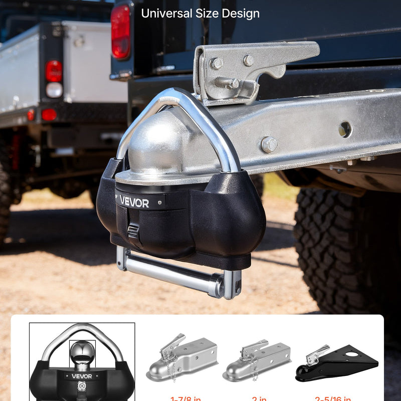 VEVOR piekabes sakabes slēdzene, piemērota 46 mm, 50,8 mm un 58,7 mm sakabēm, izturīga pret zādzību lodveida sakabes bloķētājs ar 3 atslēgām, noturīgs pret uzlaušanu, regulējama augstuma dizains kemperiem, laivām un piekabēm, melna.