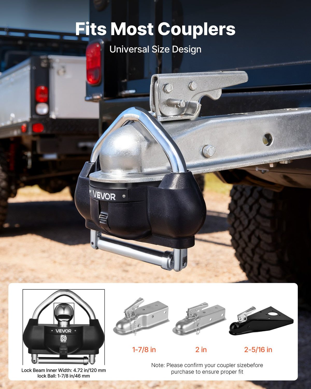 VEVOR Trailer Coupling Lock, Fits 46 mm, 50.8 mm and 58.7 mm Couplings, Theft-Resistant Ball Coupling Hitch Lock with 3 Keys, Tamper-Proof, Adjustable Height Design for Caravans, Boats and Trailers, Black