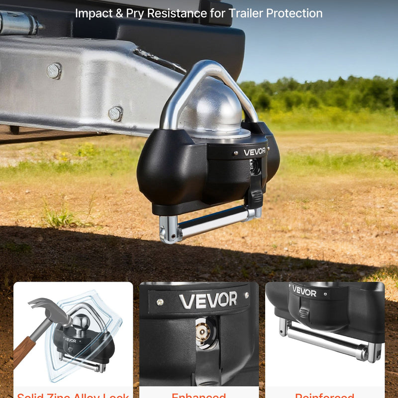 VEVOR piekabes sakabes slēdzene, piemērota 46 mm, 50,8 mm un 58,7 mm sakabēm, izturīga pret zādzību lodveida sakabes bloķētājs ar 3 atslēgām, noturīgs pret uzlaušanu, regulējama augstuma dizains kemperiem, laivām un piekabēm, melna.