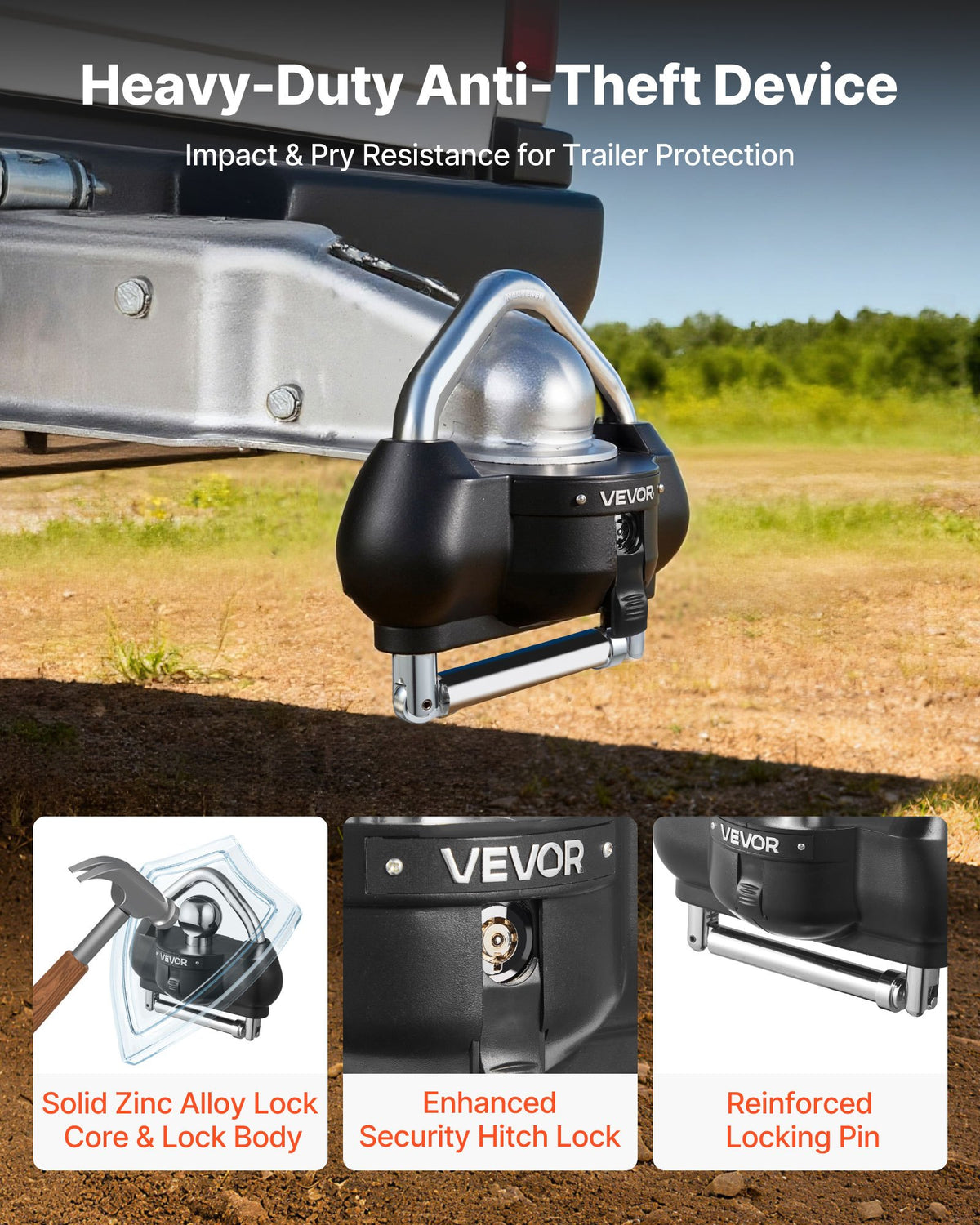VEVOR Trailer Coupling Lock, Fits 46 mm, 50.8 mm and 58.7 mm Couplings, Theft-Resistant Ball Coupling Hitch Lock with 3 Keys, Tamper-Proof, Adjustable Height Design for Caravans, Boats and Trailers, Black