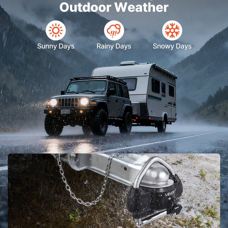 VEVOR piekabes sakabes slēdzene, piemērota 46 mm, 50,8 mm un 58,7 mm sakabēm, izturīga pret zādzību lodveida sakabes bloķētājs ar 3 atslēgām, noturīgs pret uzlaušanu, regulējama augstuma dizains kemperiem, laivām un piekabēm, melna.