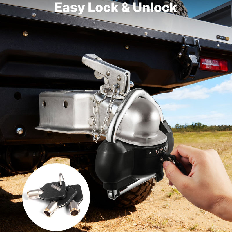 VEVOR piekabes sakabes slēdzene, piemērota 46 mm, 50,8 mm un 58,7 mm sakabēm, izturīga pret zādzību lodveida sakabes bloķētājs ar 3 atslēgām, noturīgs pret uzlaušanu, regulējama augstuma dizains kemperiem, laivām un piekabēm, melna.