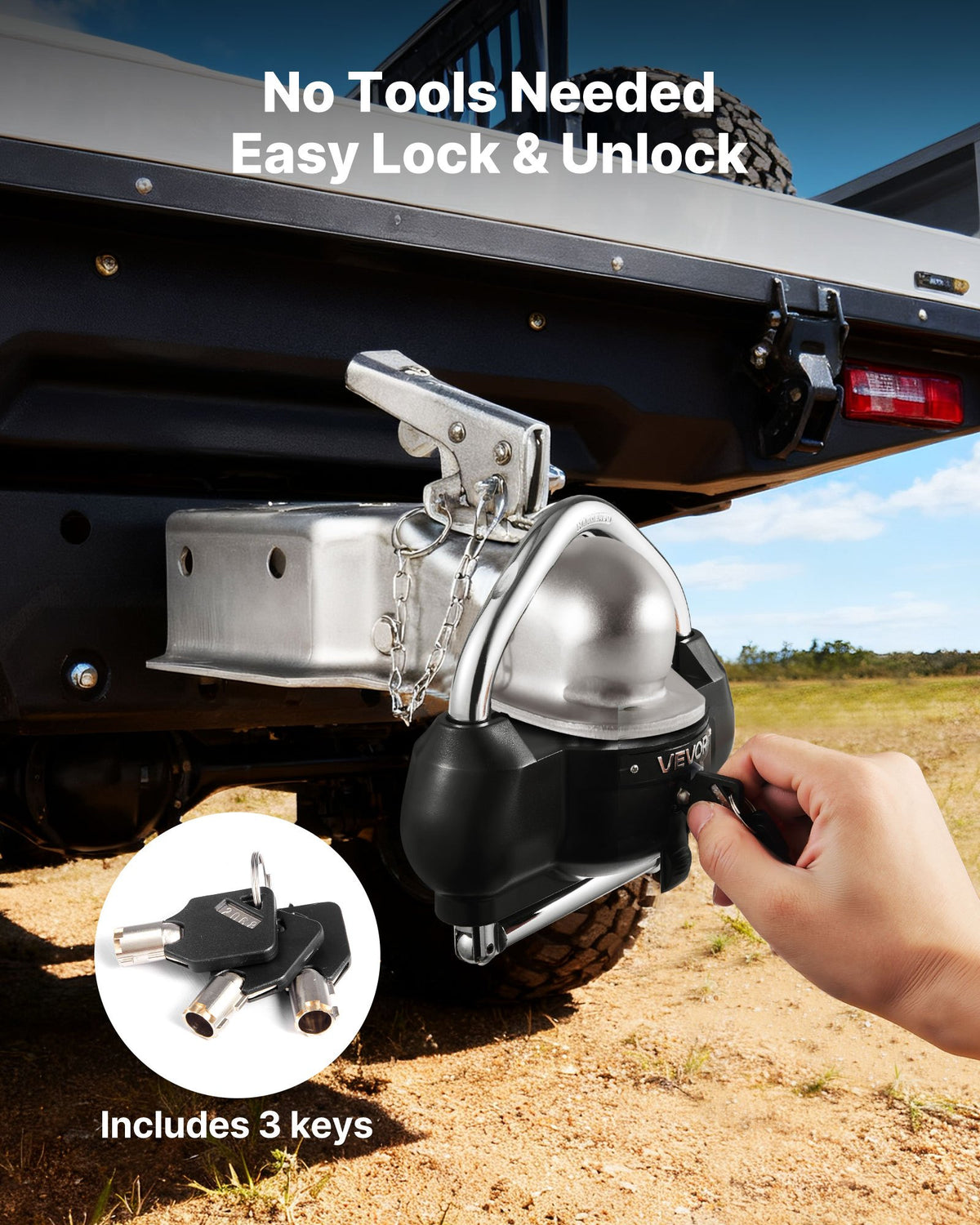 VEVOR Trailer Coupling Lock, Fits 46 mm, 50.8 mm and 58.7 mm Couplings, Theft-Resistant Ball Coupling Hitch Lock with 3 Keys, Tamper-Proof, Adjustable Height Design for Caravans, Boats and Trailers, Black