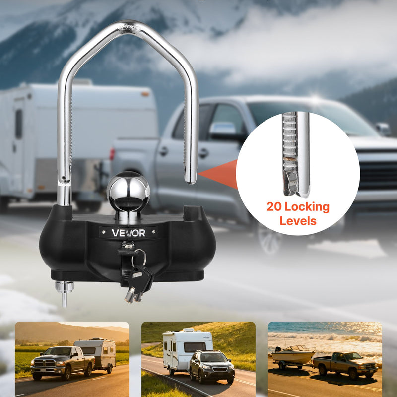VEVOR piekabes sakabes slēdzene, piemērota 46 mm, 50,8 mm un 58,7 mm sakabēm, izturīga pret zādzību lodveida sakabes bloķētājs ar 3 atslēgām, noturīgs pret uzlaušanu, regulējama augstuma dizains kemperiem, laivām un piekabēm, melna.