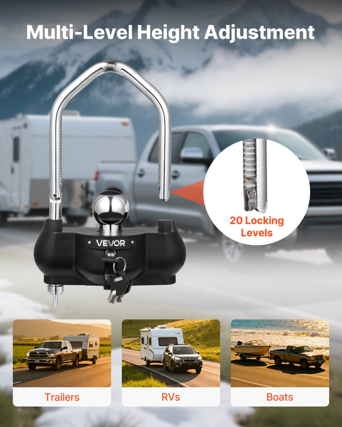 VEVOR Trailer Coupling Lock, Fits 46 mm, 50.8 mm and 58.7 mm Couplings, Theft-Resistant Ball Coupling Hitch Lock with 3 Keys, Tamper-Proof, Adjustable Height Design for Caravans, Boats and Trailers, Black