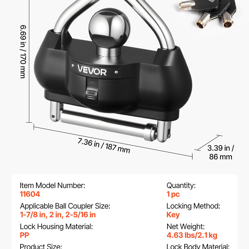 VEVOR piekabes sakabes slēdzene, piemērota 46 mm, 50,8 mm un 58,7 mm sakabēm, izturīga pret zādzību lodveida sakabes bloķētājs ar 3 atslēgām, noturīgs pret uzlaušanu, regulējama augstuma dizains kemperiem, laivām un piekabēm, melna.