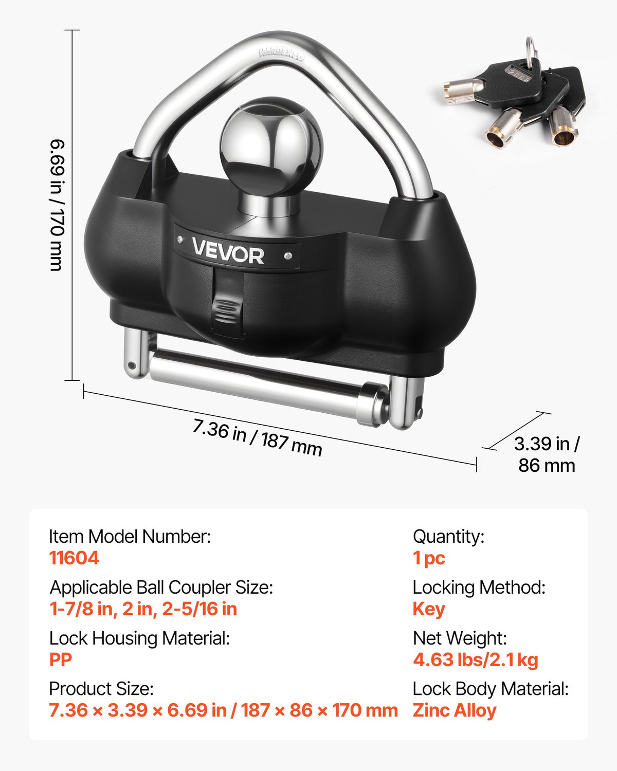 VEVOR Trailer Coupling Lock, Fits 46 mm, 50.8 mm and 58.7 mm Couplings, Theft-Resistant Ball Coupling Hitch Lock with 3 Keys, Tamper-Proof, Adjustable Height Design for Caravans, Boats and Trailers, Black