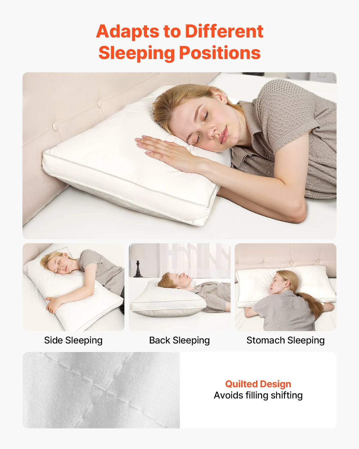 VEVOR Pillow Set (2 Pack), Queen Size Luxury Hotel Quality Pillows with Original Down Alternative Filling, Soft and Supportive, Suitable for Back, Stomach and Side Sleepers, White