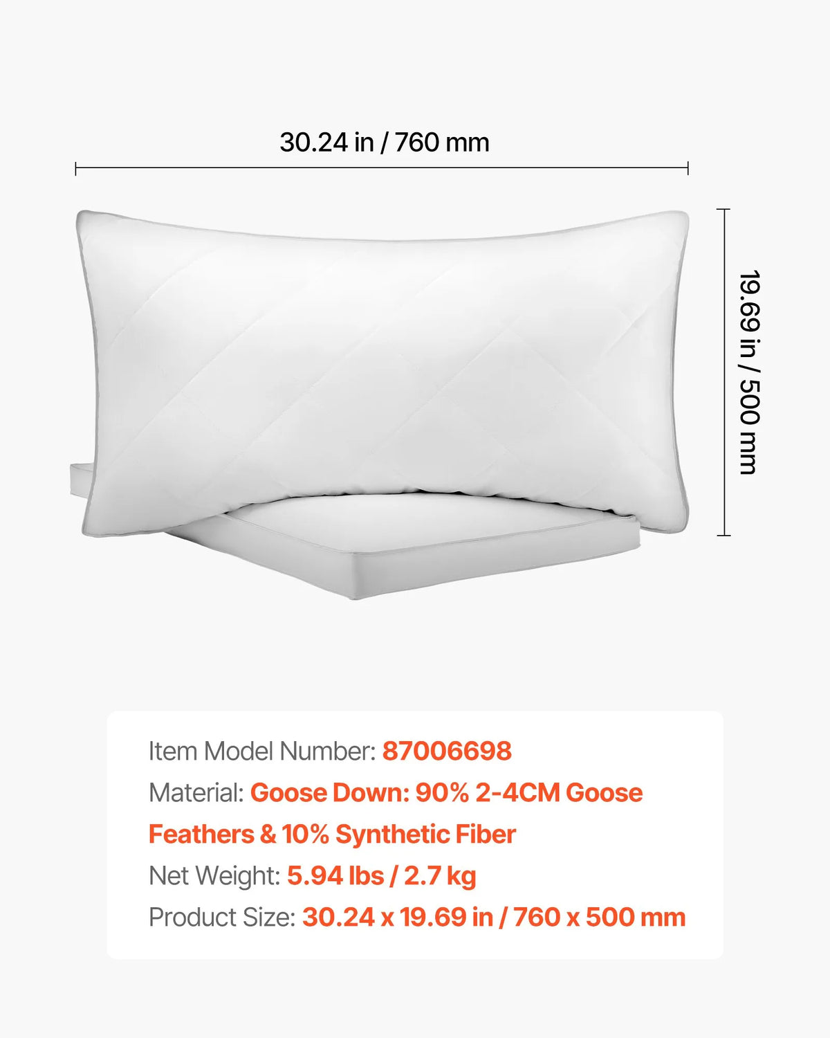 VEVOR Pillow Set (2 Pack), Queen Size Luxury Hotel Quality Pillows with Original Down Alternative Filling, Soft and Supportive, Suitable for Back, Stomach and Side Sleepers, White