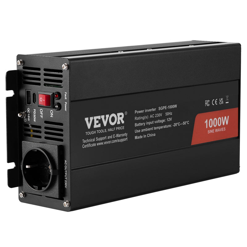 VEVOR tīrā sinusoidālā viļņa invertora jaudas pārveidotājs 1000W DC12V AC230V, invertora LCD, tālvadības pults, CE