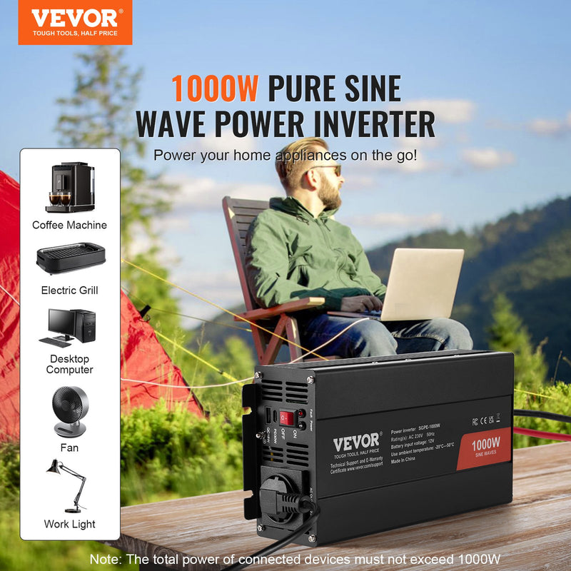 VEVOR tīrā sinusoidālā viļņa invertora jaudas pārveidotājs 1000W DC12V AC230V, invertora LCD, tālvadības pults, CE