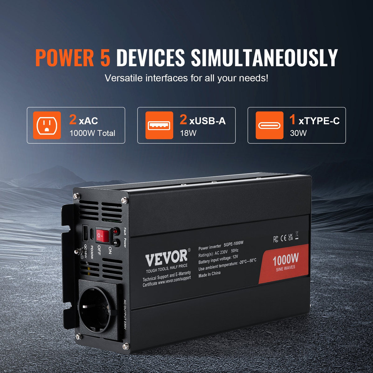 VEVOR tīrā sinusoidālā viļņa invertora jaudas pārveidotājs 1000W DC12V AC230V, invertora LCD, tālvadības pults, CE