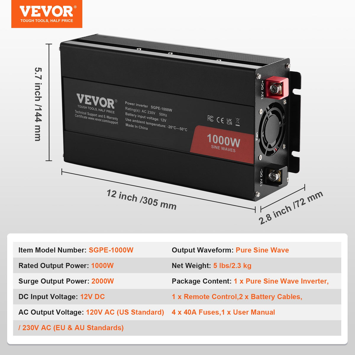 VEVOR tīrā sinusoidālā viļņa invertora jaudas pārveidotājs 1000W DC12V AC230V, invertora LCD, tālvadības pults, CE